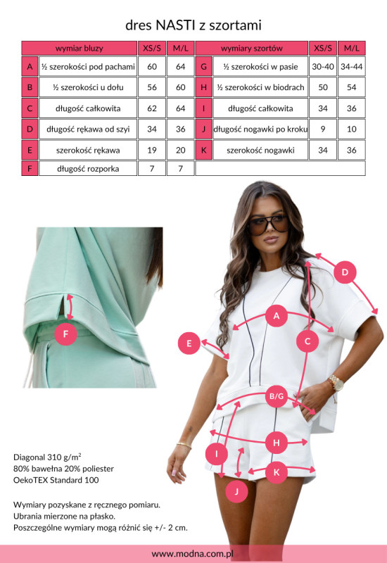 Dres bluza z szortami NASTI - tabela rozmiarowa