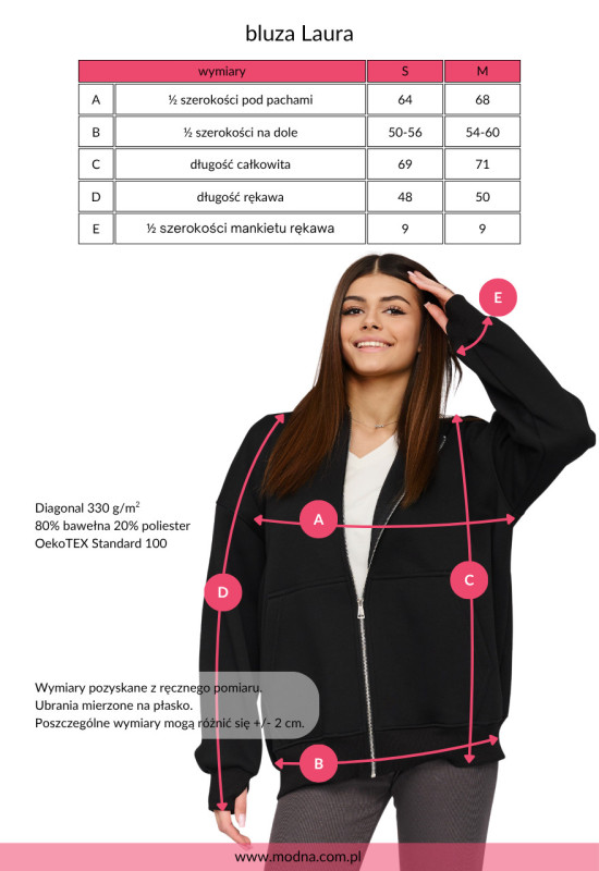 tabela rozmiarowa - Bluza rozpinana z kapturem LAURA