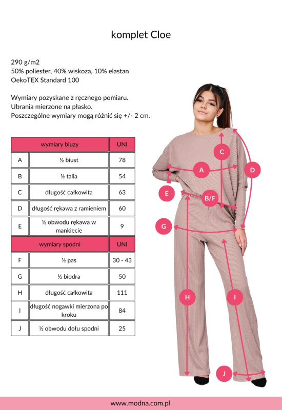 tabela rozmiarowa - komplet CLOE