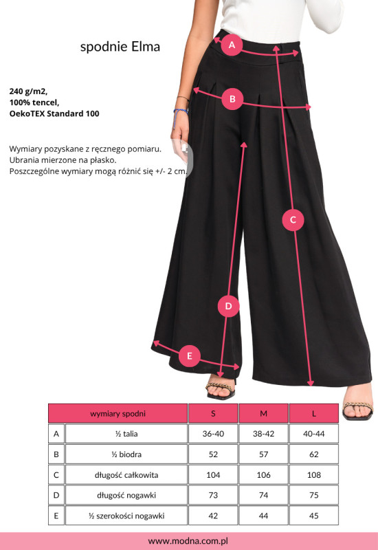 tabela rozmiarowa - spodnie ELMA