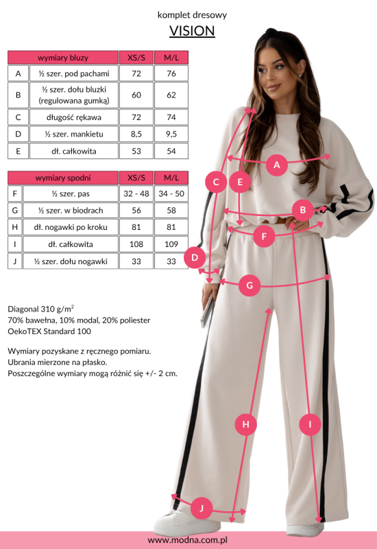 tabela wymiarów dla dresów VISION