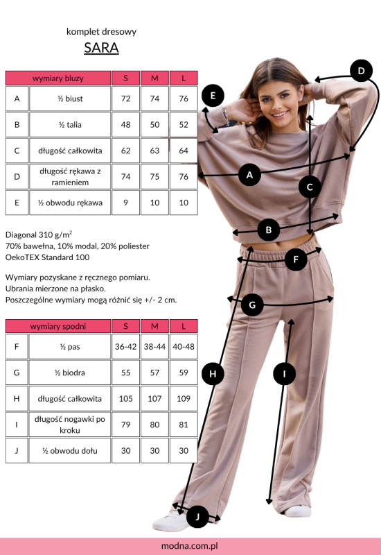 tabela rozmiarów dla dresu SARA
